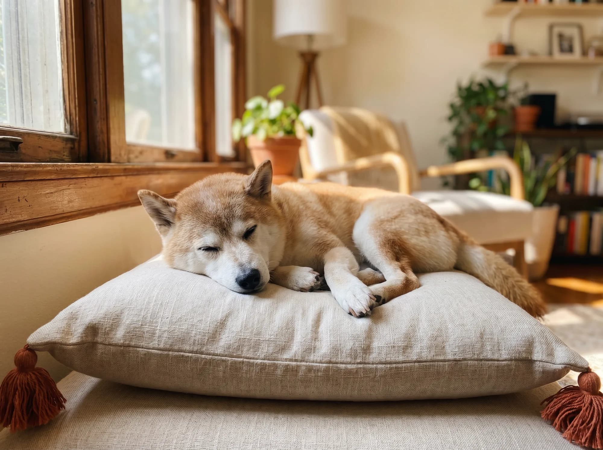 窓辺で眠る高齢の犬